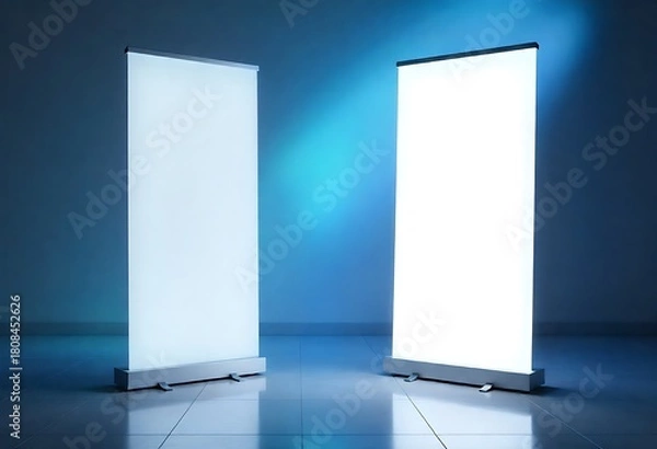 Obraz Futuristic exhibition hall featuring two clean white roll-up banners, reflective floor, chrome architecture, blue LED lighting, and subtle holographic elements, ideal for corporate presentations, tech