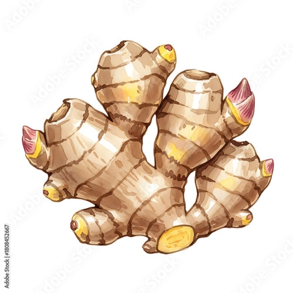Fototapeta Botanical Illustration, Ginger Root, Isolated on White Background, High-Quality Clipart, Watercolor Style