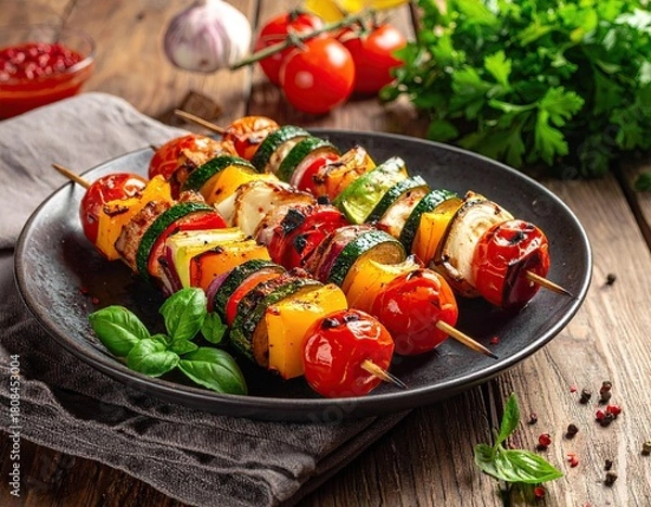 Obraz Grilled Vegetable Skewers with Tomatoes Peppers Zucchini On a Dark Plate on Wood Background