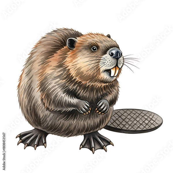 Fototapeta Watercolor Illustration of a North American Beaver, Isolated on White Background, High-Quality Clipart for Educational Use