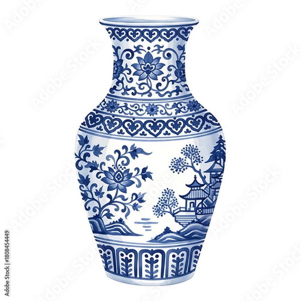 Fototapeta Elegant Blue and White Porcelain Vase with Scenic Design, Isolated on White Background, High-Quality Illustration