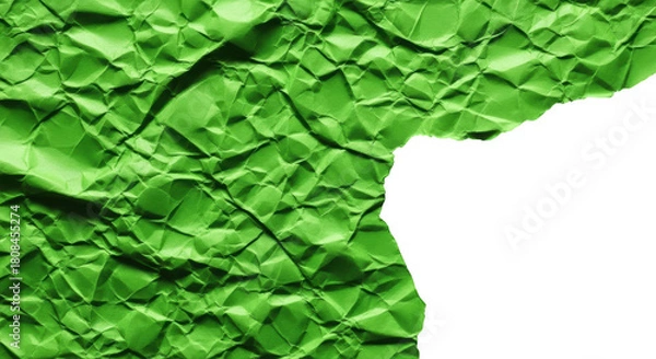 Fototapeta Bright green crumpled paper texture with torn edge against black isolated on a transparent background