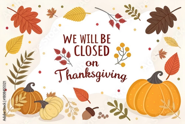 Fototapeta Thanksgiving Closed Sign with Pumpkins and Fall Wreath Illustration