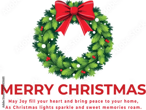Obraz Christmas greeting vector with pine wreath, red bow, berries, and ornaments for traditional festive branding