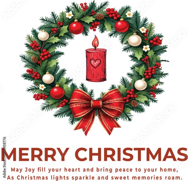 Obraz Christmas greeting vector with red candle in ornamented wreath of pine, holly, and bow for seasonal branding