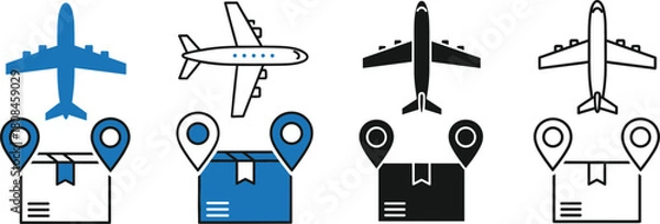 Fototapeta Air Cargo Logistics Vector Icon Set Showing Airplane, Shipping Box, and Location Pointers for Package Tracking, Delivery, and Global Transportation Services.