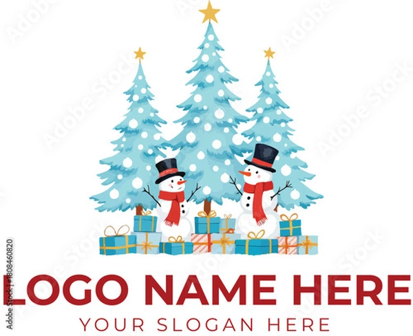 Obraz Christmas logo vector with snowmen, decorated trees, and gift boxes for seasonal celebration and branding