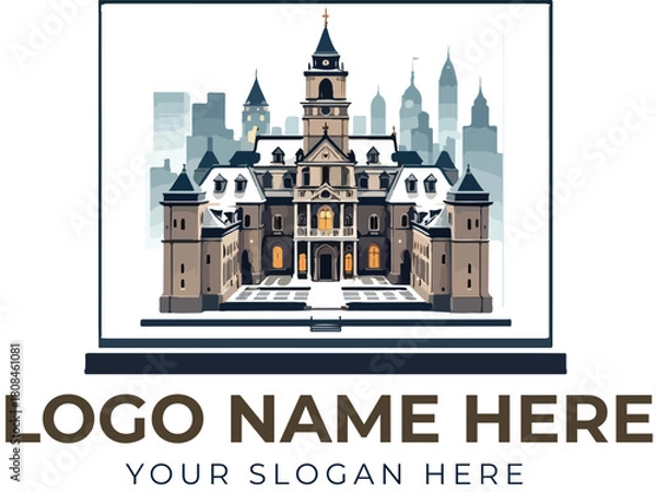 Obraz Institutional logo vector with historic building and modern city skyline for heritage, education, or civic branding