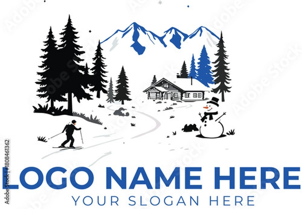 Obraz Winter mountain logo vector with skier, snowman, pine trees, and cabin for outdoor adventure or seasonal branding