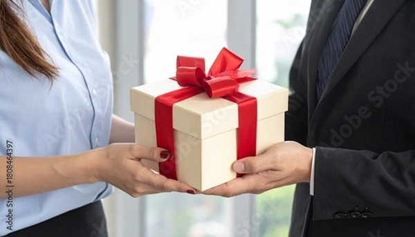 Fototapeta Two people exchanging a gift wrapped in brown paper and tied with red ribbon 