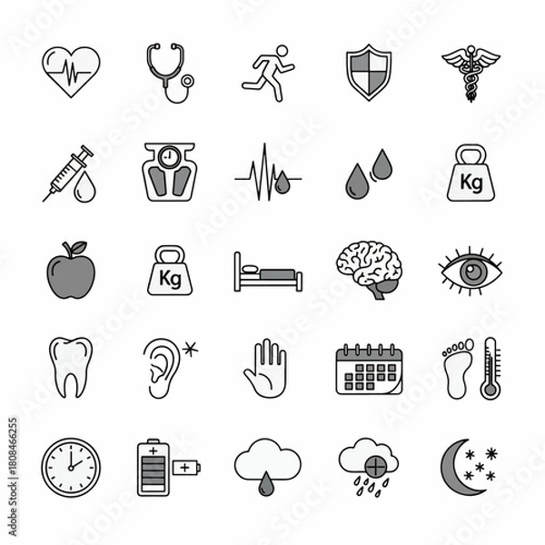 Obraz Diverse medical and healthcare icons set, featuring heartbeat, stethoscope, syringe, brain, eye, tooth, and more symbols for health and wellness