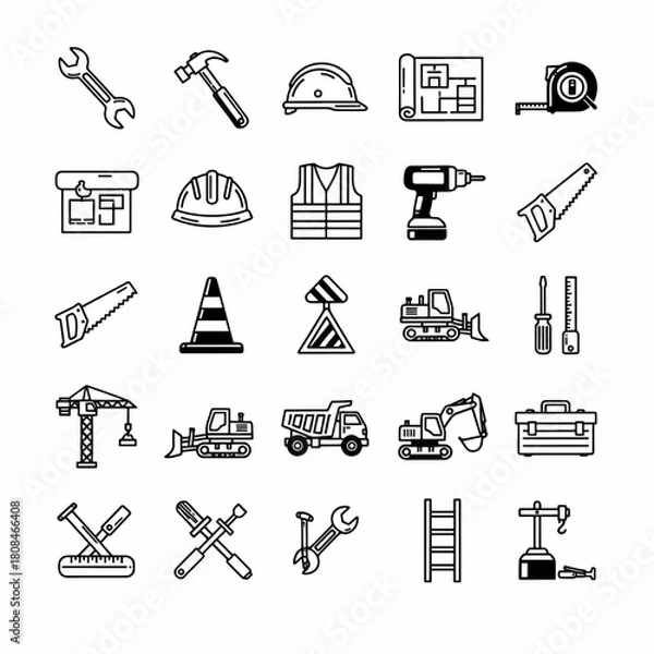 Fototapeta Construction tools and heavy machinery icons set, representing building industry and engineering equipment collection