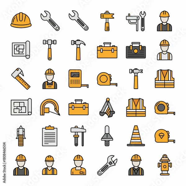 Fototapeta Construction Tools and Safety Gear Icons Set Hard Hat Wrench Hammer Toolbox Safety Vest and Blueprint Collection