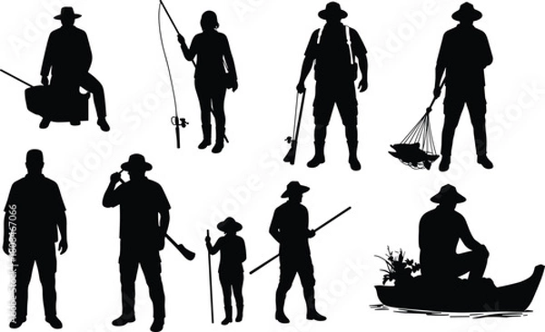 Obraz “Silhouettes of fishermen with fishing rods, caught fish, gear and boats in various standing, walking and sitting poses on white background”