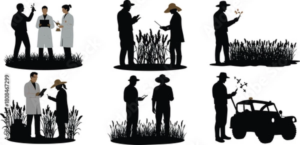 Obraz Agricultural scientist and farmer silhouette set, crop research illustration, modern smart farming technology with drone, digital agriculture field vector design