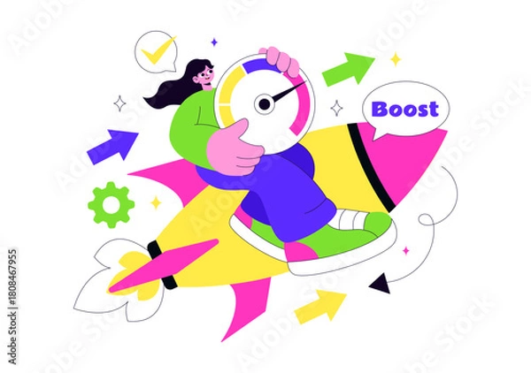Fototapeta Business Boost Vector Illustration with a Digital Marketing Rocket, Company Career Success in Development and Profit Increase on a Flat Background