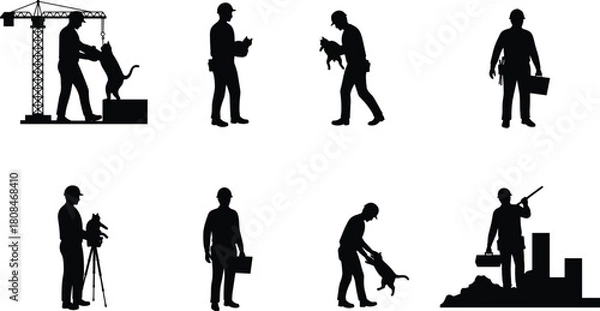 Obraz Construction workers rescuing cats on building site, teamwork and animal care concept, safety and compassion illustration, worker helping animal rescue scene