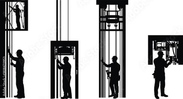Obraz Elevator technicians repairing lift system inside shaft, maintenance workers with tools ensuring safety, industrial equipment service and vertical transportation inspection work