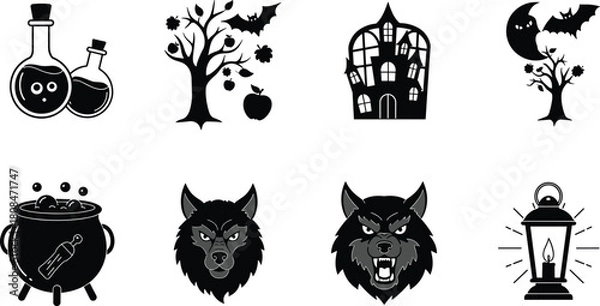 Obraz Halloween spooky icons collection with werewolf, haunted house, potion bottles, bats, and lantern, scary night illustration for horror design concept