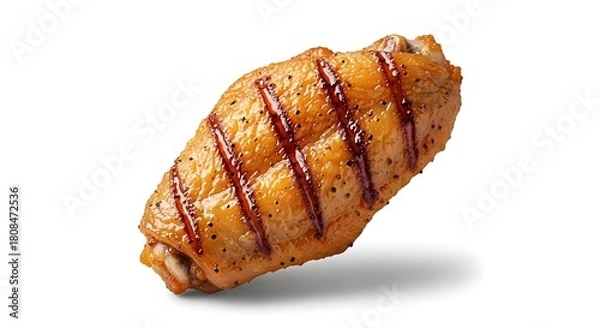 Fototapeta Grilled Chicken Thigh with Grill Marks on White Background.