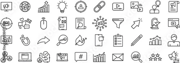 Obraz Digital Marketing and Strategy line Icon Set – Marketing, Business, Technology, Data, and Communication symbol outline style