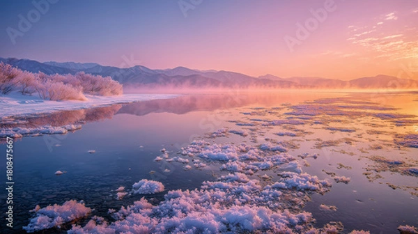 Obraz 夕焼けに染まり水面と氷に暖色の光を反射した幻想的なフロストフラワー