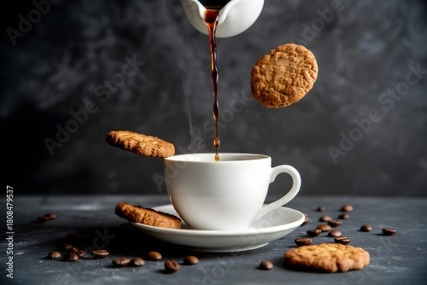 Fototapeta Floating cookies and hot coffee cup with steaming brew pouring midair in creative breakfast concept showing magical food photography style