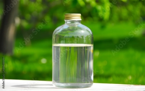 Obraz Clear glass bottle filled with fresh clean water placed outdoors in bright natural sunlight with green background for purity wellness concepts
