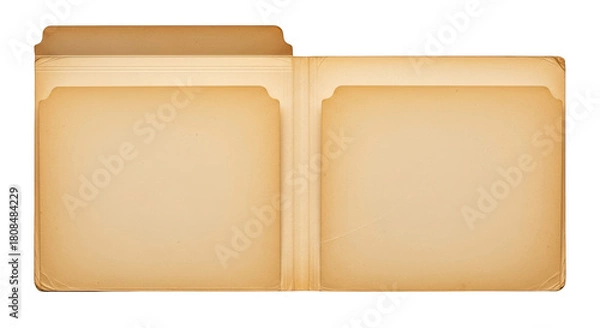 Fototapeta Open vintage manila folder with aged paper pages and embossed lines isolated on a transparent background