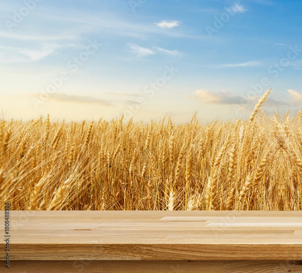 Obraz Golden Wheat Field under Blue Sky: A vast field of golden wheat, swaying gently in the wind, stretches towards the horizon under a vibrant blue sky.