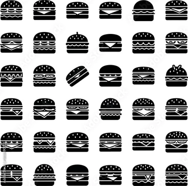 Fototapeta Collection of black and white hamburger icons, vector graphics featuring diverse burger designs and styles, isolated on white