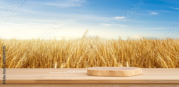 Fototapeta Podium Amidst Golden Fields: A wooden podium stands in the foreground, ready to showcase a product, set against a backdrop of a vast field of golden wheat and a brilliant blue sky.