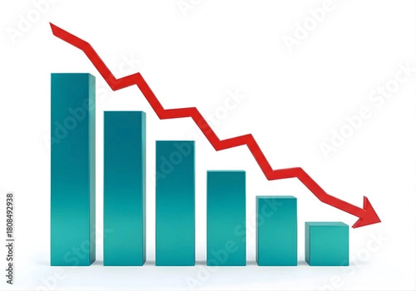 Fototapeta Red graph arrow down showing stock market exchange loss. Trading graph analysis. Investment indicator. Business graph chart of financial stock crisis. Red price in down trend chart fall