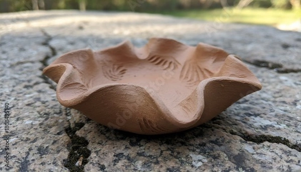 Fototapeta Handmade Clay Bowl with Ruffled Edges on Cracked Stone Surface.