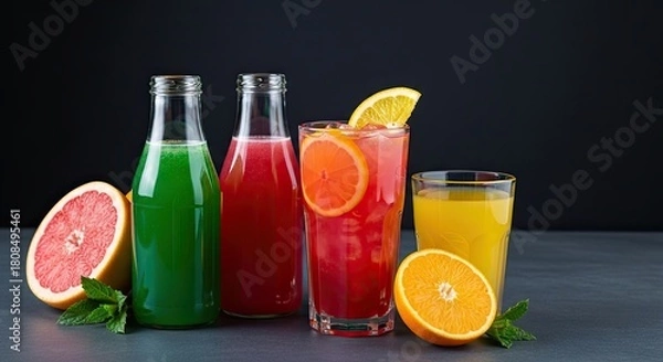 Fototapeta Freshly Squeezed Citrus Drinks and Refreshing Beverages on Dark Background