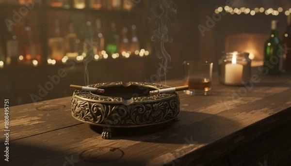 Fototapeta Cigarette in an ashtray on a bar counter.