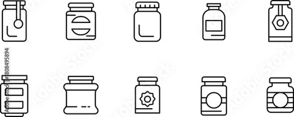 Fototapeta Set of minimal outline jar and bottle icons in clean line style suitable for packaging, labels, and UI use.