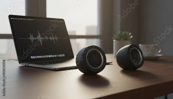 Fototapeta Laptop and Speakers on Desk with Audio Waveform Displayed.
