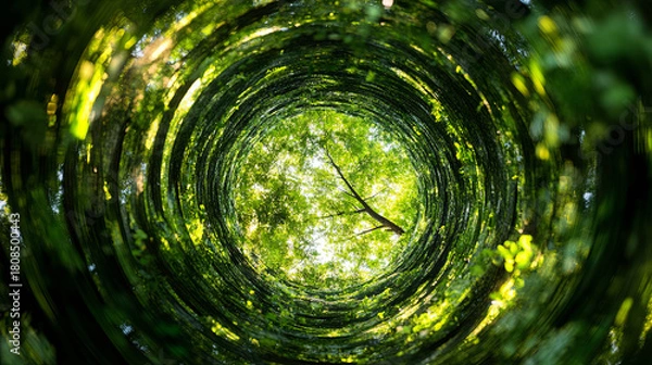 Fototapeta A fisheye view of a forest canopy, creating a tunnel-like effect with vibrant green foliage and dappled sunlight.
