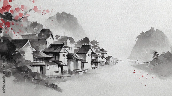 Obraz Traditional Chinese village by a misty river with mountain backdrop and cherry blossoms
