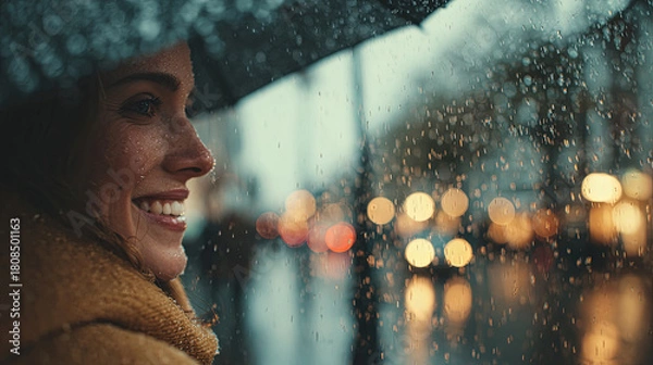 Obraz Woman smiling under an umbrella in the rain with blurred city lights in the background
