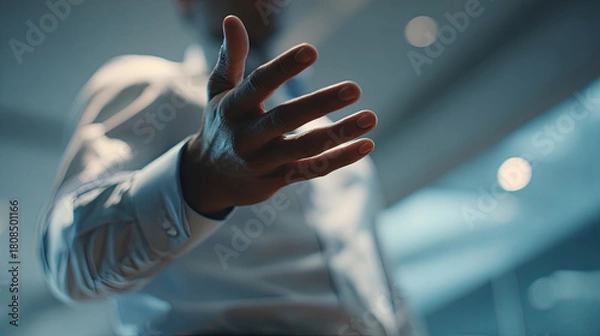 Obraz Close-up of a person's hand extended forward in a modern indoor setting with blurred background lighting
