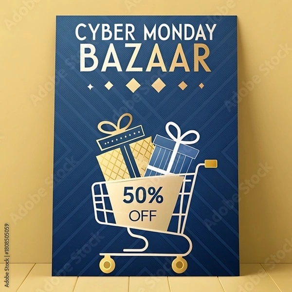 Obraz Cyber Monday Bazaar Poster Shopping Cart 50 OFF Cobalt Blue Vector