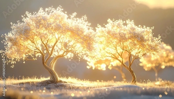 Fototapeta Two Glowing Trees in a Dreamy Landscape with Golden Light.