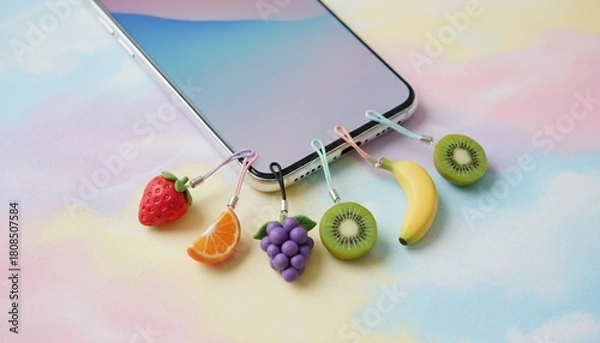 Fototapeta Smartphone adorned with whimsical fruit charms on a colorful backdrop.