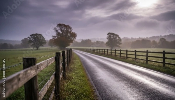 Fototapeta Misty Morning Road - A Serene Landscape with Fence and Trees.
