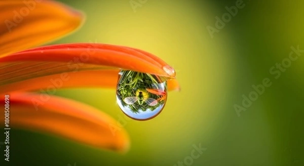 Fototapeta Macro Water Droplet on Orange Petal with Nature Reflection