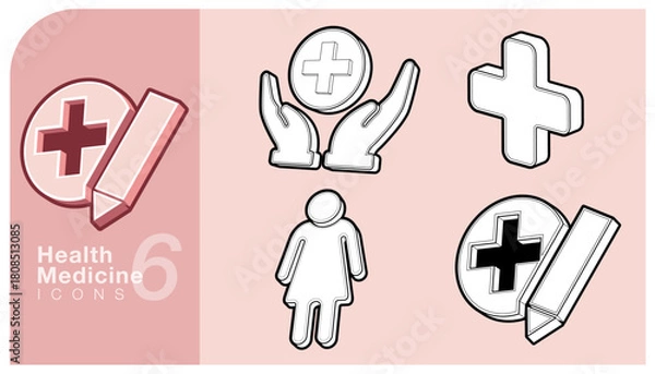 Fototapeta Set of monochrome 3D icons representing medical documentation, patient care and a female figure, patient. Ideal for healthcare design and infographics. Vector illustration.