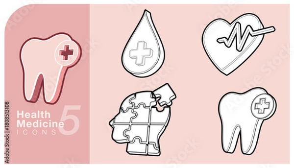 Fototapeta Set of outlined 3D vector icons focused on dental health, blood donation, heart rate and mental health, puzzle concept. Perfect for medical and healthcare visual designs. Vector illustration.
