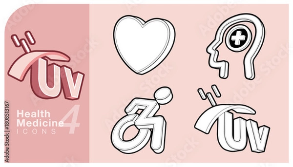 Fototapeta Set of outline 3D vector icons representing health and medical concepts, including heart shape, mental health, UV protection and disability access symbols. Suitable for medical, healthcare design.